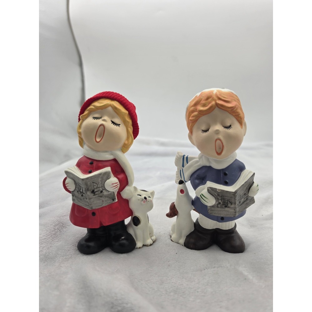Vintage Pair Christmas Carolers Boy Girl Cat Dog Figurines Knit Hat Decorama